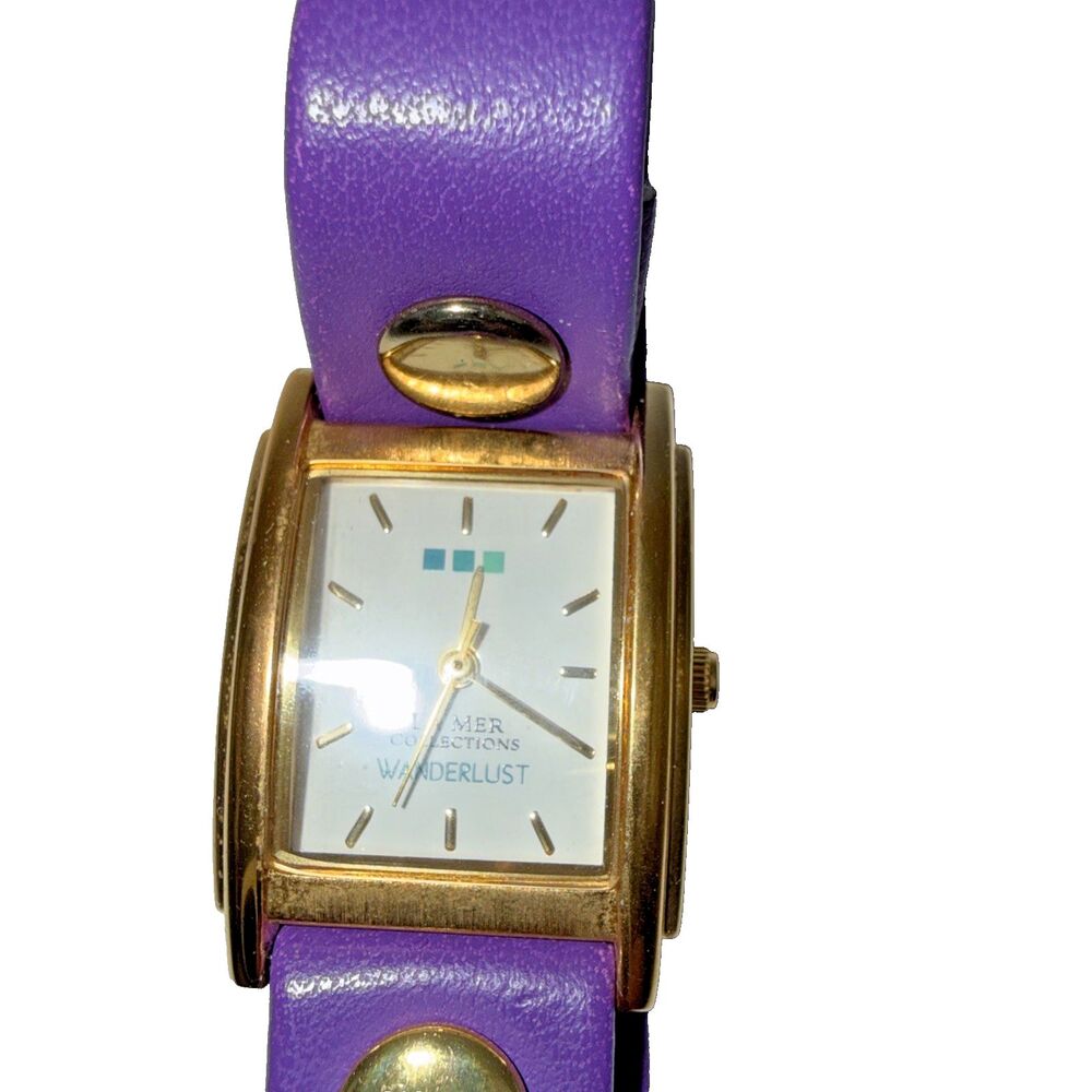 LA MER Women’s Wrap Watch Purple Leather Strap Gold Square Case – New Battery